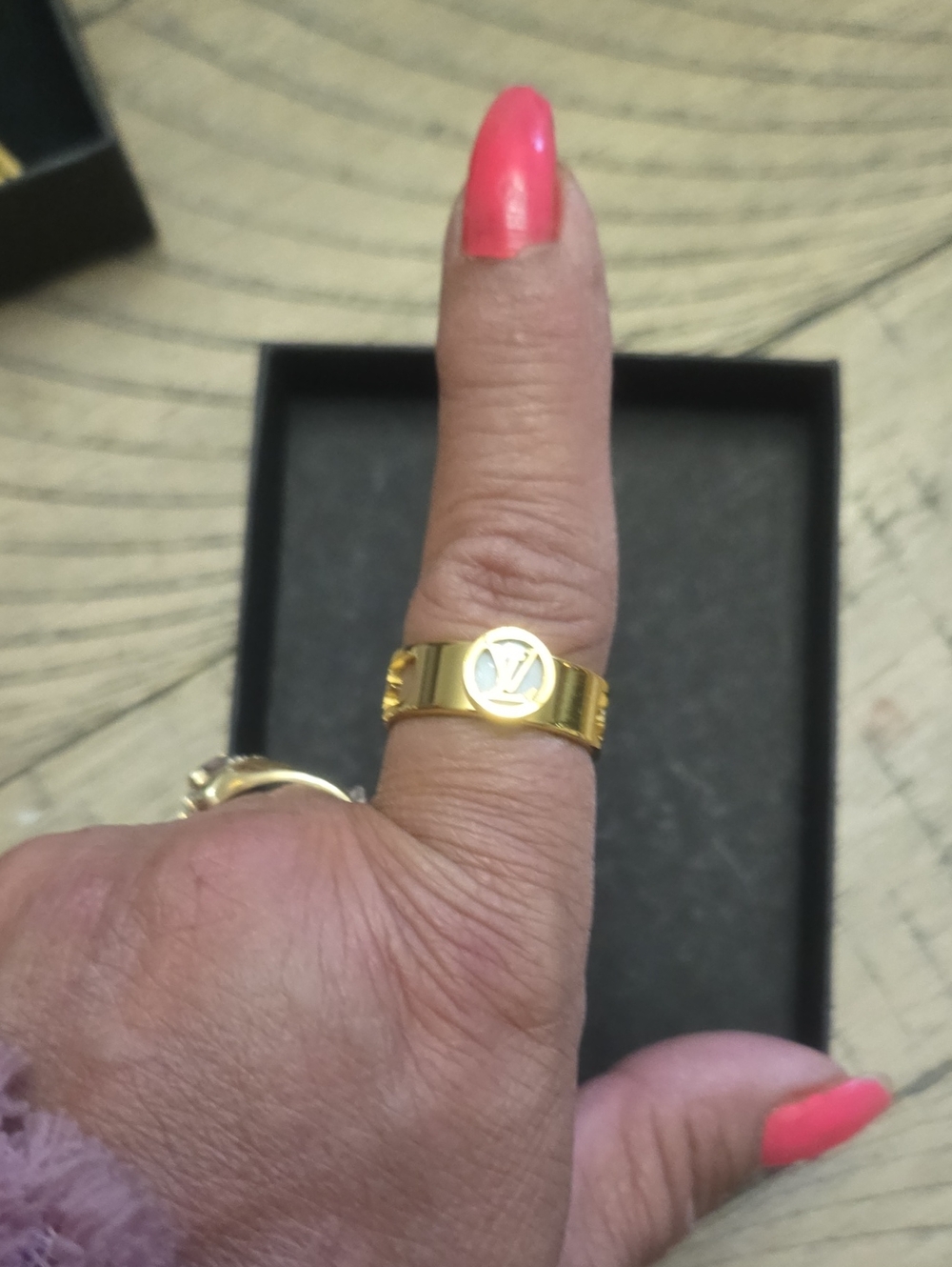 Gold Logo Band Ring — Pink Accent